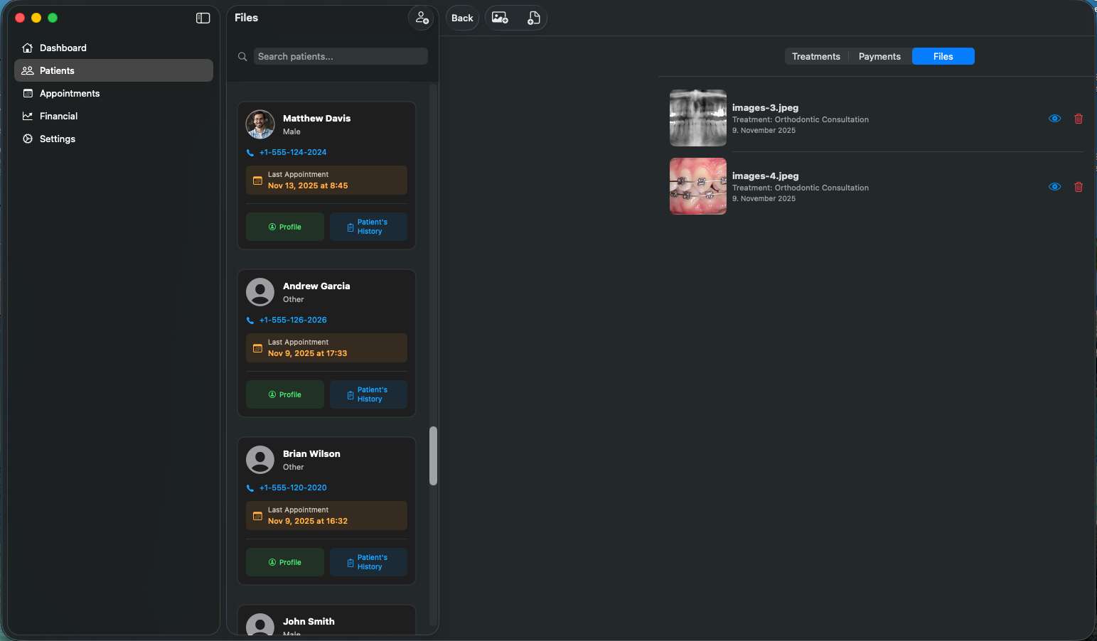 File management interface in Dentail with patient documents and previews